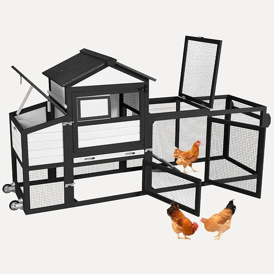 Chicken Coop Outdoor Mobile Chicken House, Expandable Hen House with Wheels, Nesting Box, Leakproof Pull-on Tray and UV-Resistant Roof Panel (White)