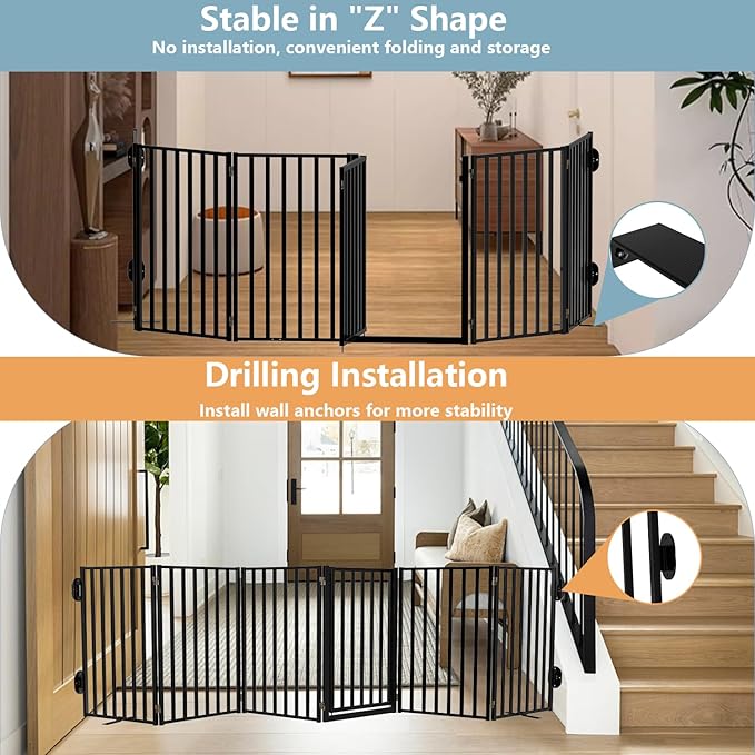 Full Metal Freestanding Dog Gates with Door, 36" Height Dog Fences for Indoor & Outdoor, Extra Wide Foldable Pet Gates for Stairs, Hallways, Doorways, Yard (6 Panels, 120" W × 36" H)