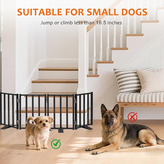 Snagle Paw Short Dog Gate,16.5" Tall Freestanding Metal Dog Gate Only for Small Dogs with Support Feet Easily Step Over,Up to 48" Wide Puppy Gate Indoor for Stairs,Doorways(Black,4 Panel)