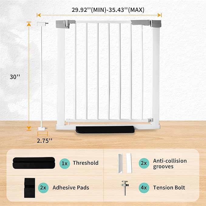 SHYUJAJIE 30 Inch Tall Cat & Dog Gate, Auto Close, Pressure Mounted, White, Alloy Steel, 29.92"-35.43" Wide, Baby & Pet Safety Gate