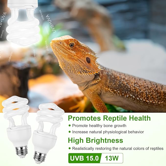 Reginary 4 Pcs UVB Reptile Light 15.0 13w UVB Bulb for Desert Tropical & Sub-Tropical Reptiles Compact Fluorescent Lamp, Ideal for Chameleons, Lizards, Tortoises, Snakes, Iguanas & Turtles