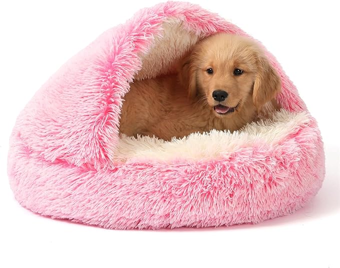 NOYAL Round Hooded Donut Dog Bed for Small & Medium Pets - Plush Fluffy Anti-Anxiety Cat Cave Bed with Cover