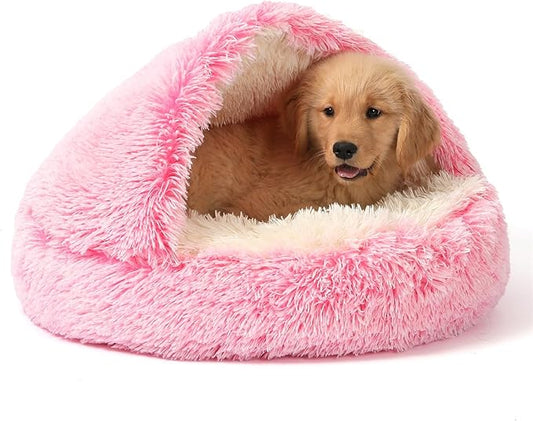 NOYAL Round Hooded Donut Dog Bed for Small & Medium Pets - Plush Fluffy Anti-Anxiety Cat Cave Bed with Cover