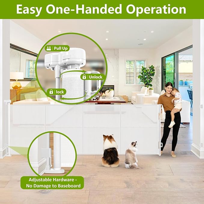 Reinforced 42 Inch Tall Retractable Baby Gates Extra Wide Dog Gate, 155 Inch Extra Long Baby Gate with Support Rods - Prevent Crawling Under, Indoor Retractable Gate Outdoor Extra Tall Dog Gate, White