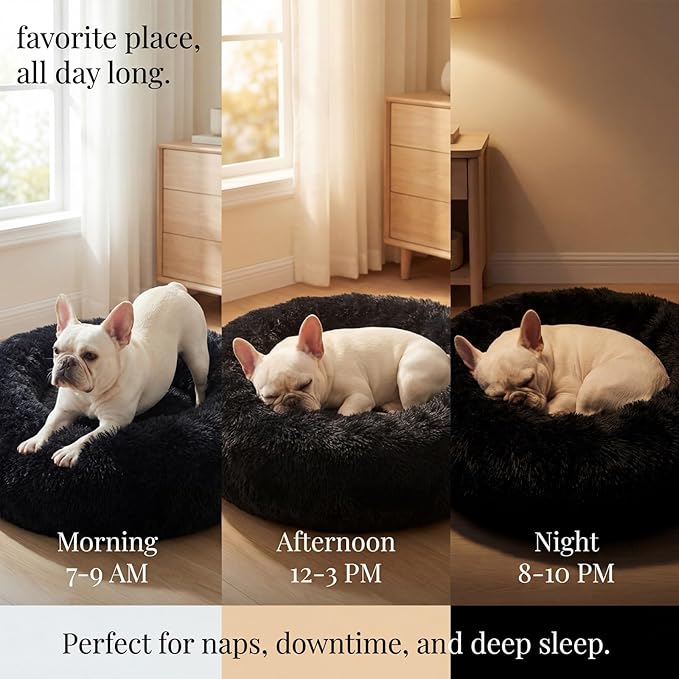Calming Donut Dogs Beds for Medium Dogs up to 45 lb,30inch Anti-Slip Plush Round Dog Bed with Raised Rim,Fluffy Faux Fur Pet Bed for Cozy Sleep,Black