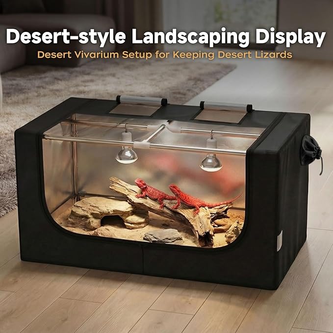 Large Reptile Enclosure Tent, 4 x 2 x 2 ft (48 x 24 x 24 Inch) Habitat with Insulated Cover & Stainless Steel Frame, Dual 4" Accessory Ports for Bearded Dragon, Lizards, Geckos & Chameleons