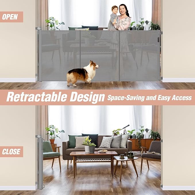 Reinforced 42" Extra Tall x 75" Wide Retractable Baby Gates with Support Rods - Prevent Crawling Under Extra Tall Pet Gate Indoor Mesh Baby Gates for Dogs Outdoor Retractable Gate, Gray
