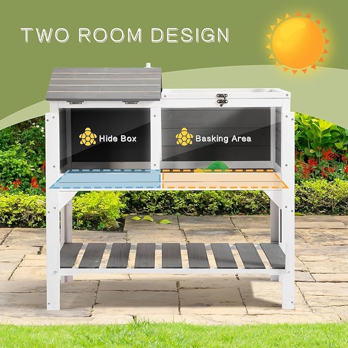 TITIMO Tortoise Habitat with Lamp Holder and Storage Shelf, Tortoise Enclosure Indoor Outdoor with Detachable Legs, Wooden Turtle House Reptile Cage with Tray for Small Animals