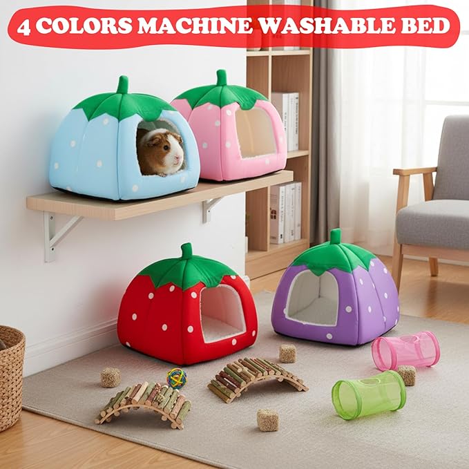 Novabright 4 Pack Guinea Pig Hideout Bed Dwarf Rabbit Bed Sleeping Fleece House Washable Cave Cage Accessories for Little Bunny Ferret Chinchilla Hedgehog (10.2x10.2x9.5 Inches,Fruit Style)
