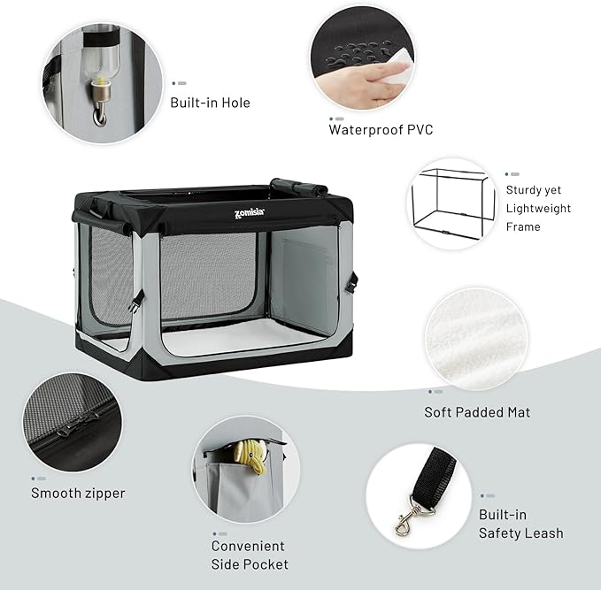 ZOMISIA 36 Inch Collapsible Dog Crate for Large Dogs - Portable Dog Travel Crate Soft Sided with Breathable Mesh Windows, Foldable Dog Kennel for Indoor and Outdoor, Grey