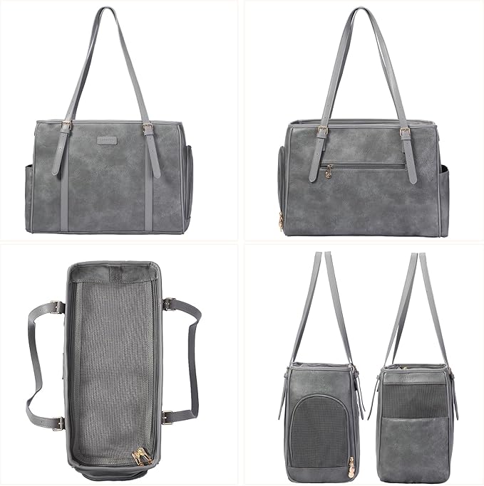 Lasaviin Fashion Dog Purse Pet Carrier Leather Bag for Small Dogs Cats Puppy, Portable Tote Bag Airline Approved Soft-Sided Carriers (Grey)
