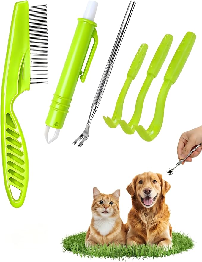 Tick Removal Tool 6 in 1, Pet Tick Remover Kit with Flea Comb, Portable Outdoor Stainless Steel Control Fork, 3 Ultra-Safe Twister for Dogs, Cats, Horses & Humans (Green)