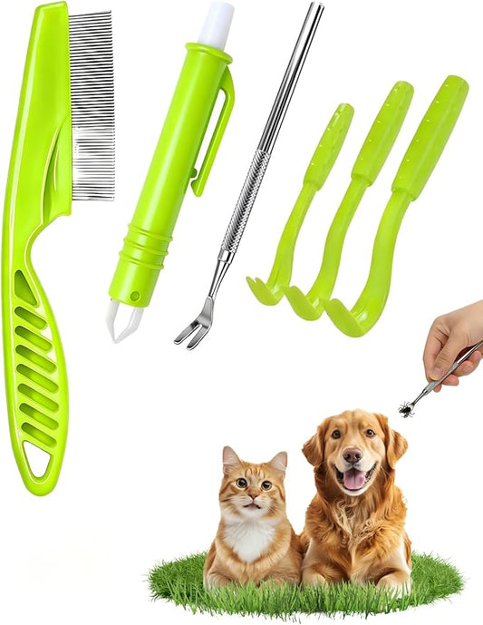 Tick Removal Tool 6 in 1, Pet Tick Remover Kit with Flea Comb, Portable Outdoor Stainless Steel Control Fork, 3 Ultra-Safe Twister for Dogs, Cats, Horses & Humans (Green)