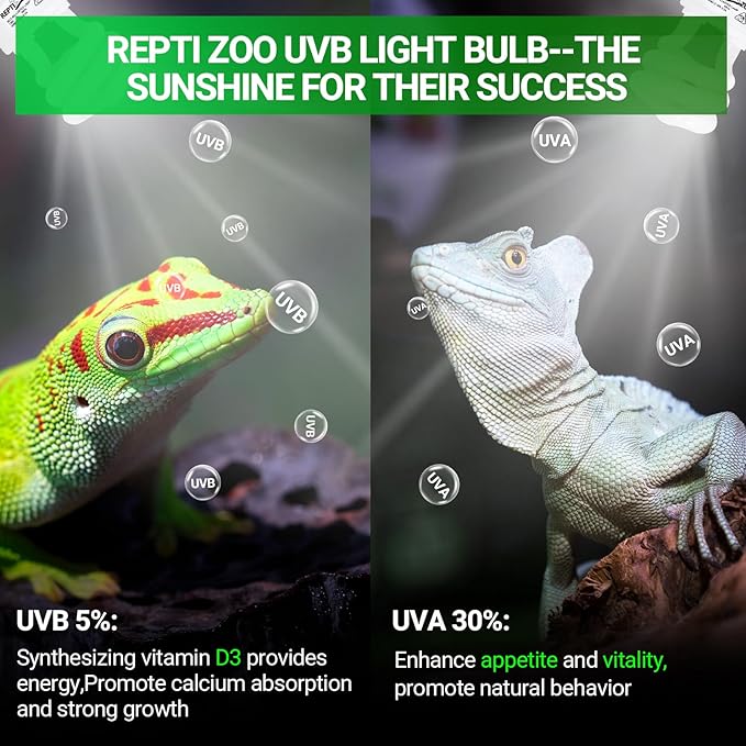 REPTI ZOO UVB Light for Tropical Reptile, 2 Pack 5.0 15W UVA UVB Reptile Light Bulb, UVB Lamp for Crested Gecko Leopard Gecko Frog Toad Snake Chameleon