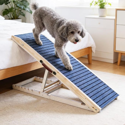 ZJSF Foldable Wooden Dog Ramp for High Bed, Dog Stairs for Small and Large Dogs, High Traction Platform with 6 Adjustable Heights (14"-28"), 47.8", Supports up to 200 lbs