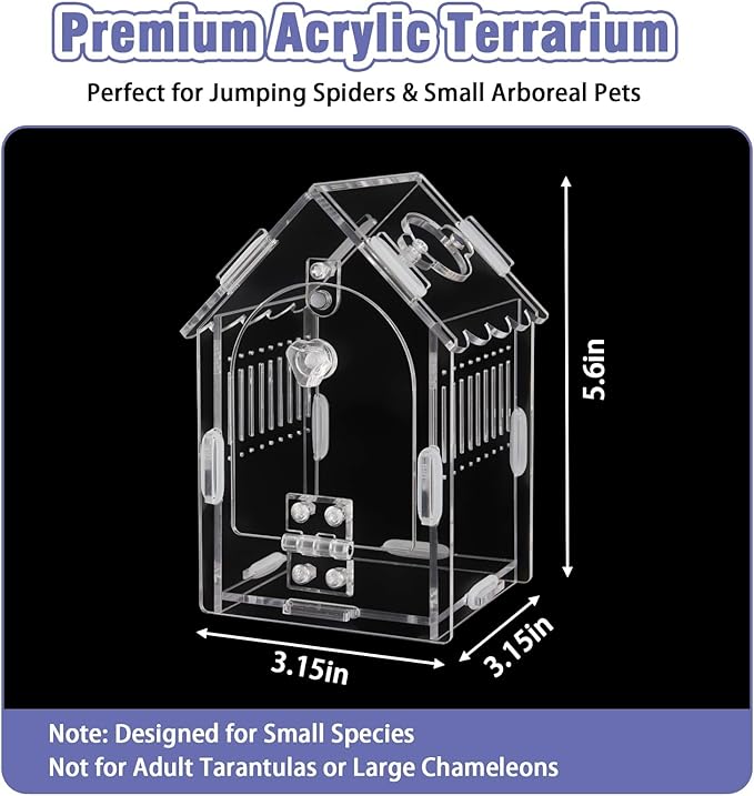Jumping Spider Enclosure Kit Acrylic Terrarium for Tarantulas, Reptiles & Praying Mantis | Magnetic Feeding Port & Secure Latch | Arboreal Enclosure with Ventilation & Front Door
