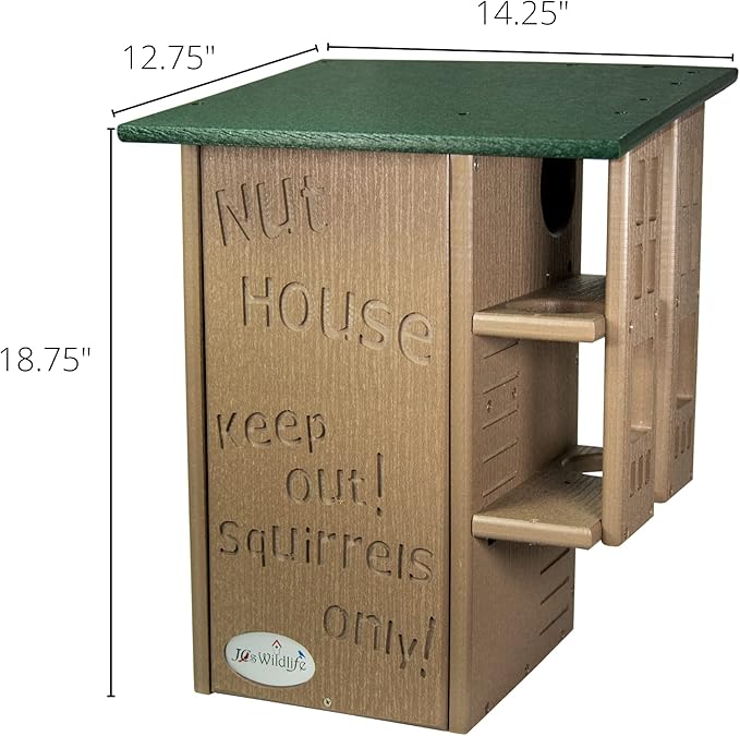 JCS Wildlife Ultimate Wooden Squirrel House, Multi-Tier Squirrel Nesting House with Predator Guards, Weather-Resistant Recycled Poly Lumber, Easy-Clean Tree House for Outside, Green & Tan