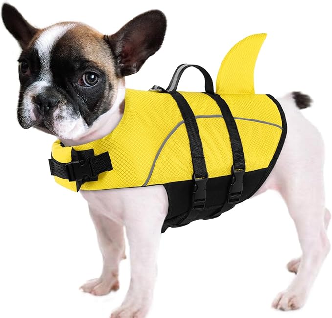 Queenmore Large Dog Life Jacket, Dog Life Vest for Swimming, Cute Shark Life Vest with Rescue Handle/Leash Hook, Safety Dog Lifevests for Boating/Kayaking, Pet Life Jackets for Big Dogs (Yellow,L)