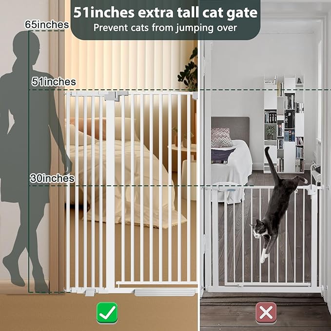 51'' Extra Tall Cat Gate Barrier for Doorways Hallways, Pressure Mounted Pet Dog Gates No Drilling Auto Close, Cat Fence Indoor Climb Proof 30-32.6'' Wide (White)