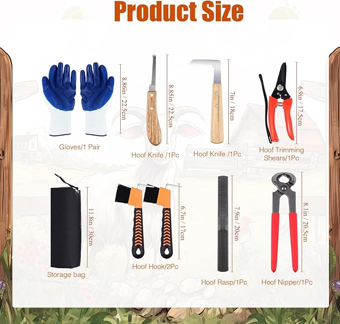 WILLBOND 9 Pcs 8 Inch Farrier Tools Kit Horse Goat Hoof Trimmer Metal Shears Farriers Hoof Nipper Cutter Handle Knife Gloves Brush Goat Supplies with Storage Bag