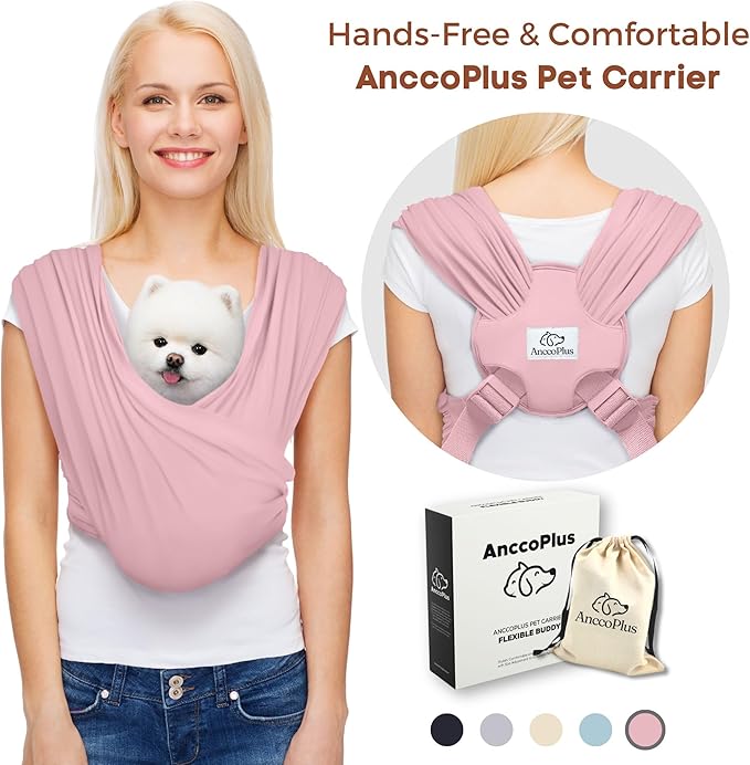 AnccoPlus Dog Carriers for Small Dogs, Front Facing Dog Sling Carrier, Hands Free Cat Carrier, Size Adjustable, Reducing Back Pain, Premium Cotton, Safe and Soft Dog Carrier (Plus, Light Pink)