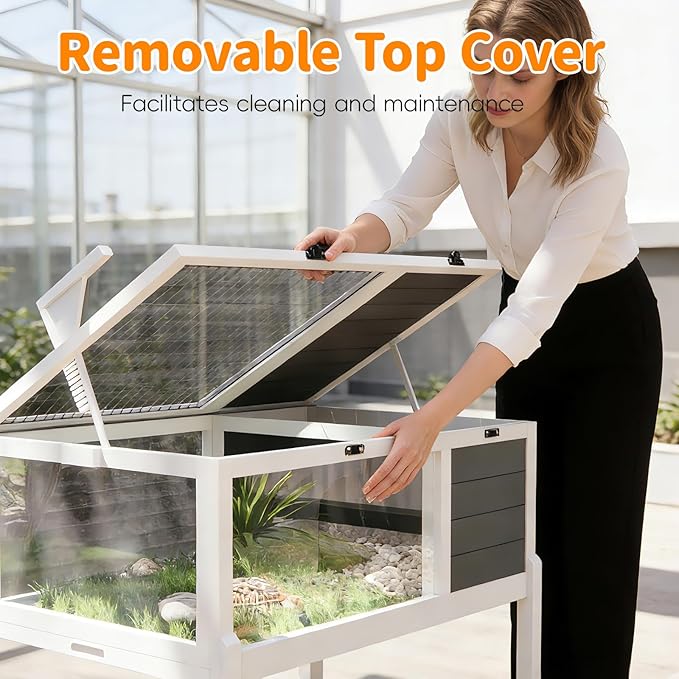 Reptile Habitat Tortoise House with Lamp Holder, Large Observation Window, 2 Waterproof Tray, Detachable Legs, Easy to Clean Wooden Enclosure for Turtles, Lizards, Geckos, and Small Pets Indoor Outdoo