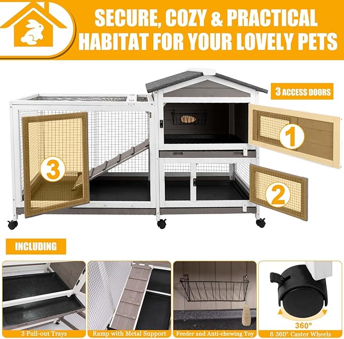 Rabbit Hutch Indoor and Outdoor 2-Story Rabbit Cage with Pull Out Tray,Fir Wood Pet House with Wooden Ramp,Waterproof Bunny Cage Indoor with 2 Asphalt Roofs,Grey (55.3" L x 21.5" W x 34.5" H)