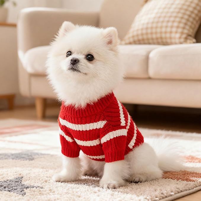 Small Dog Sweater with Cute Pocket Decoration, Striped Soft Stretchable Warm Puppy Clothes for Small Dogs Cats, French Bulldog, Chihuahua for Winter