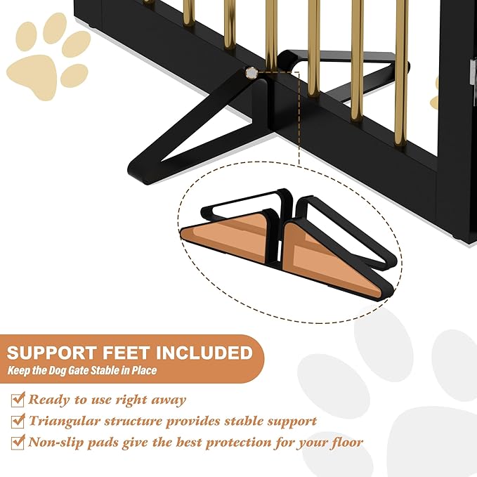 PUPETPO Freestanding Pet Gate for Dogs, Indoor Wooden Dog Gate for House, Foldable Dog Gate for Doorway, Stair, Step Over Pet Puppy Safety Fence Tall, 80 Inch Wide, 4 Panels 32", Black & Gold