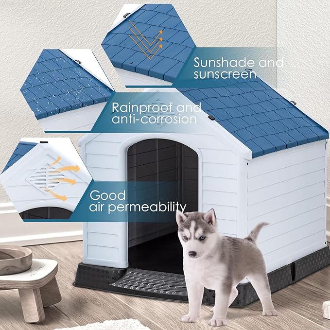 FDW 39-Inch Dog House Indoor Outdoor Durable Ventilate Waterproof Pet Plastic Dog House for Large Dogs Insulated Puppy Shelter Kennel Crate with Air Vents and Elevated Floor,Dark Black