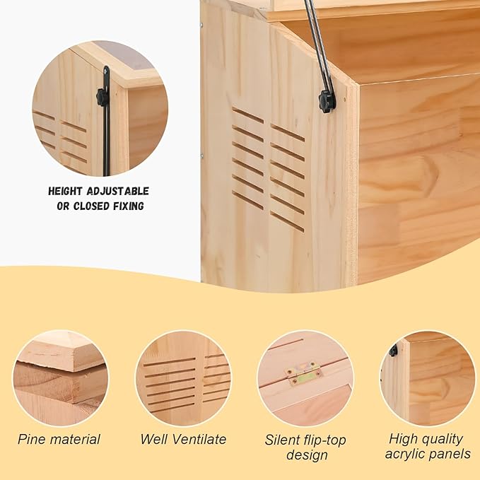 Wooden Hamster Cage,32" Lx16 Wx16 H,2 Washable Liner, Animal Cabinet for Dwarf Syrian Hamsters Degus, Hamster Habitat with Openable Top and Large Acrylic Sheets, Natural Wooden Hamster Habitat