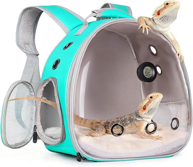 Bearded Dragon Travel Backpack Carrier with Reptile Thermometer and Humidity Gauge Lizard Travel Cage Space Capsule Clear Bubble Window Astronaut Reptile Carrier Bag for Ball Python (Green, Backpack)