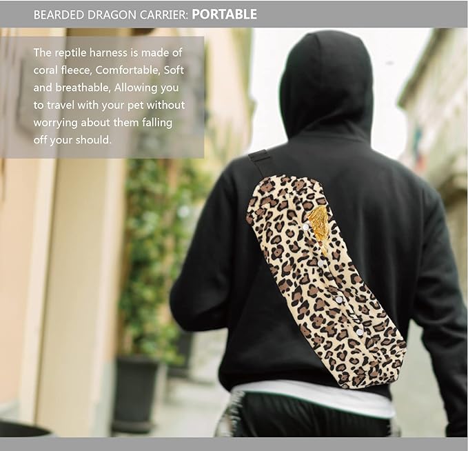 Bearded Dragon Leash and Harness Set, Beardie Carrier, Lizard Adjustable Harness with Leather Wings and Sling Bag, Reptile Small Pet Backpack Batwing Accessories (Leopard Pattern with Crown)