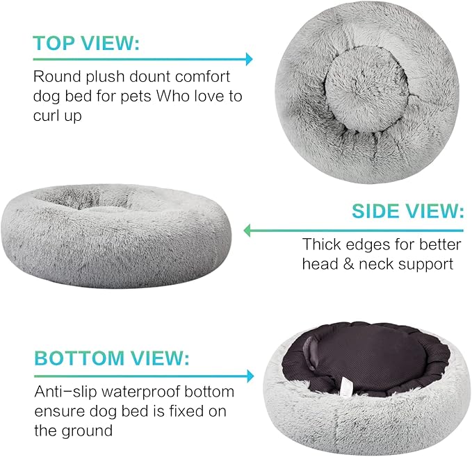 SAVFOX 20 inches Calming Donut Dog Bed - 3X Durable Plush Faux Fur, Machine Washable & Non-Slip, Fits up to 15 lbs, Light Grey