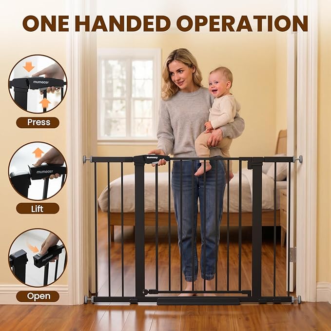 Mumeasy 29.6-46" Baby Gate for Stairs, Pressure Mounted Dog Gate for Doorways, Auto Close Pet Gate for Indoor Use, Extra Wide Child Gate with Walk Thru Door Black, Mom's Choice Awards Winner