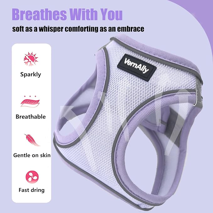 Sparkly Dog Harness Small Sized and Leash Set for Small Dogs Cats,Purple XS Puppy Harness, Step in Soft Dog Reflective Vest, Breathable Mesh Pet Harness. (Purple, XS)