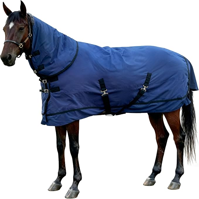 Horse Blankets Winter for Real Horses, 1600D Waterproof Poly Rain Sheets 75 Inch with Neck Cover Belly Wrap Tail Wrap Turnout Blanket, Horses Stuff Care Medium Large Weight Heavy Outdoor Clothes Blue