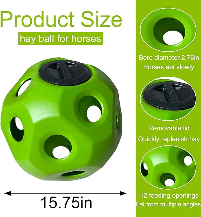Hay Ball for Horses, 15.75" Large Capacity Hay Feeder for Horses, Slow Feeding Design Horse Treat Ball, Safe Durable Horse Stall Toys, Slow Feeder Ball for Stalls, Ranches, Pastures(Green)