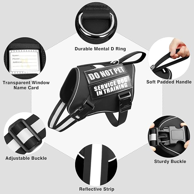 Service Dog Harness and Leash Set, Training Dog Vest with 10 Dog Patches, Emotional Support Therapy Dog Vest Harness for Small Medium Large and Extra Large Dogs(Black, XL)