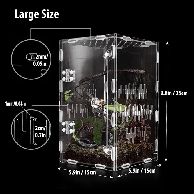 Jumping Spider Enclosure, Large Acrylic Praying Mantis Habitat, 10"*6"*6" Ventilated Insect Terrarium Cage with Front Opening Door for Small Retiles - Arboreal Tarantula, Snails, Bug, Lizard