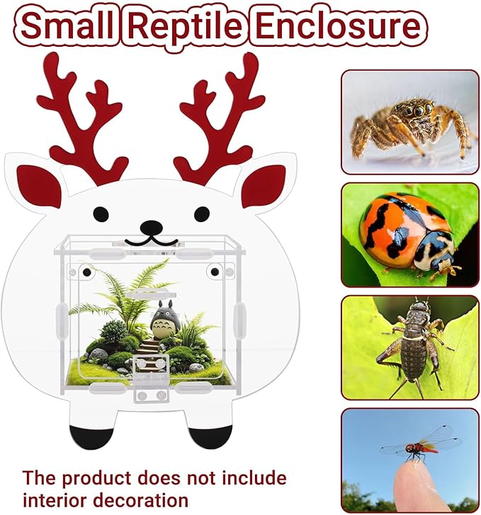 Acrylic Jumping Spider Enclosure 4.7x4.7x3.5 Inches, Magnetic Front Opening Door Escape-Proof Habitat for Tarantulas & Small Reptiles, Cute Deer-Shaped Acrylic Terrarium