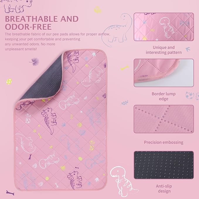 IEUUMLER Washable Pee Pads for Dogs, 2 Pack Non-Slip & Waterproof Pack Whelping Pad, Reusable Washable Puppy Potty Training Pad with Fast Absorbent for Playpen EU007 (Pink Dinosaur, 48"X30"-2pcs)