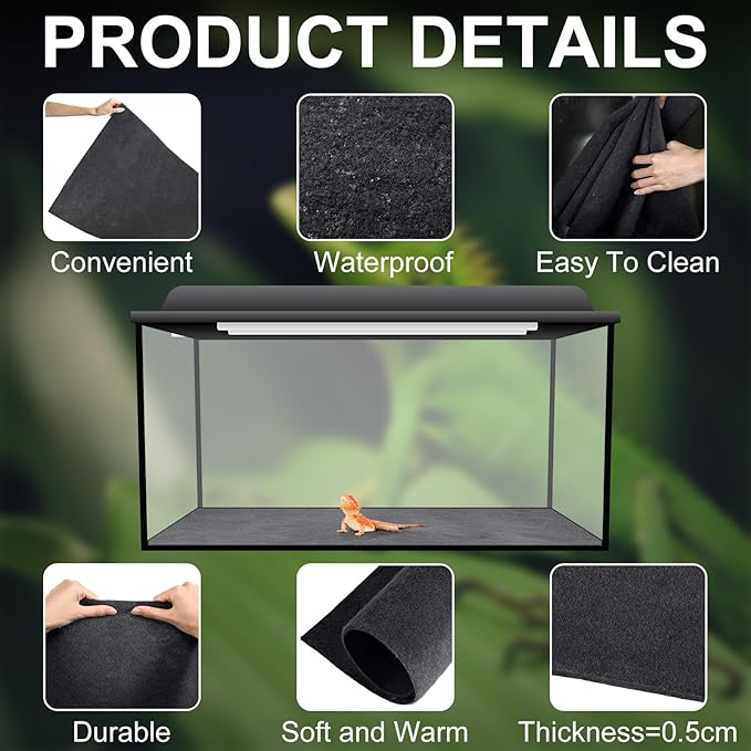 Haull 4 Pcs Reptile Carpet Pet Terrarium Floor Liners Bedding Substrate Liner Supplies Reptile Cage Mat Tank Accessories for Lizard Bearded Dragon Tortoise Snake Leopard (Black,47 x 24 Inch)