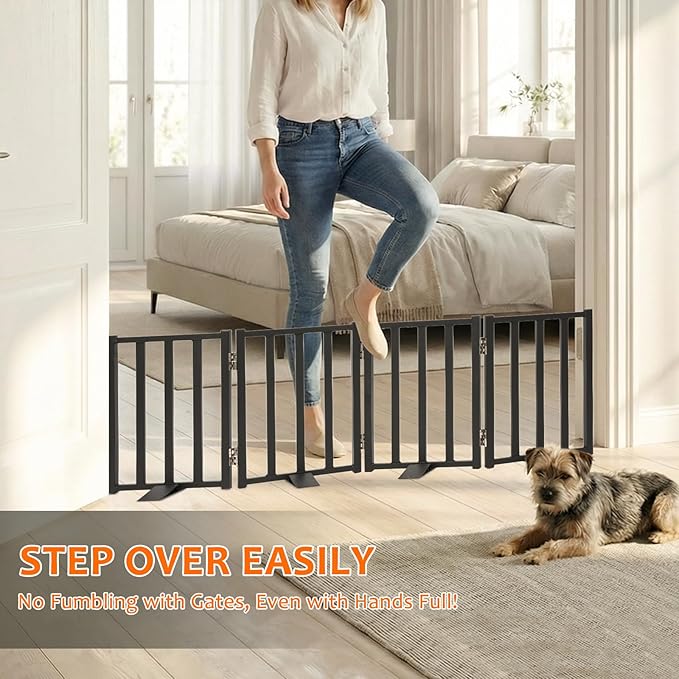 Snagle Paw Short Dog Gate,16.5" Tall Freestanding Metal Dog Gate Only for Small Dogs with Support Feet Easily Step Over,Up to 48" Wide Puppy Gate Indoor for Stairs,Doorways(Black,4 Panel)