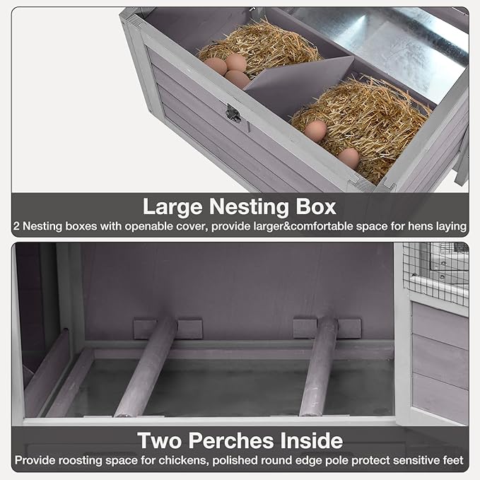Chicken Coop Mobile Chicken House Outdoor, Expandable Hen House with Wheels, Nesting Box, Leakproof Pull-on Tray and UV-Resistant Roof Panel (Grey)