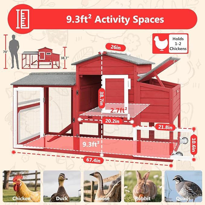 Chicken Coop for 2-3 Chickens, with Large Nesting Box, No-Slip Ramp & Pull-Out Tray, Wooden Poultry Bunny Hutch for Outdoor Indoor