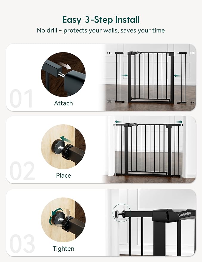 Babelio 36" Tall Baby Gate, 29-48" Auto-Close and Pressure Mounted Baby Gate for Stairs, Doorways, Hallway, PressGuard P7, Easy Walk Thru Pet Gate, Black