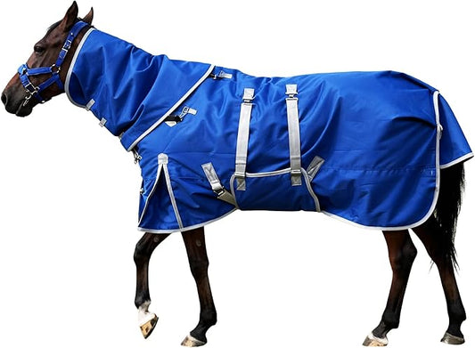 Horse Blanket, 1200D Water Resistant Winter Turnout Blanket, Winter Horse Blanket with Neck Cover and Belly Wrap Medium Weight with 220-Gram Polyester Poly Filling Liner,(155cm-81inch, Blue)