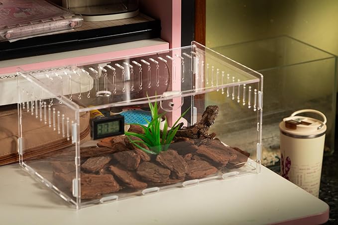Pet Terrarium Set, Acrylic Reptile Tank with Heating Pad and Hygrometer, Clear Rectangular 12x8x6Inches, Waterproof Modern Design for Small Pets