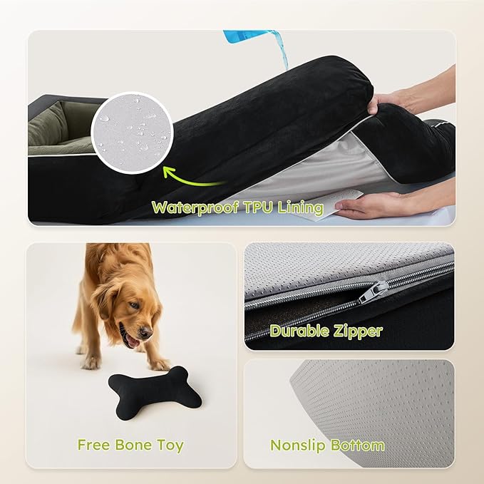 CWAWZ XXL Dog Bed for Extra Large Dogs, Giant Orthopedic Dog Bed with Cooling Gel Memory Foam, Waterproof Pet Bed with Removable Washable Cover, 53" Pet Sofa Bed Dutch Velvet with Bone Toy, Black
